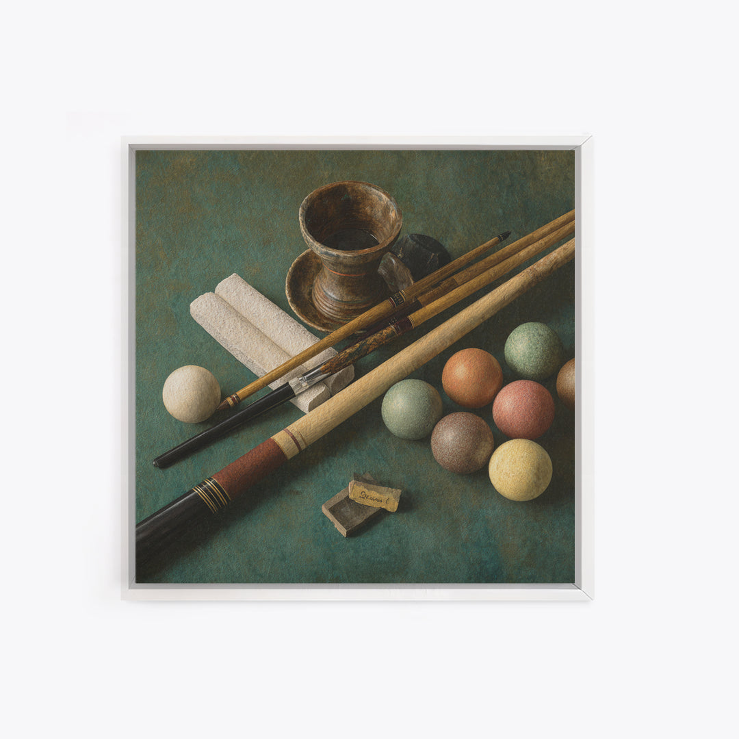 Pool Cue and Chalk on Green Felt Canvas Print, Game Room Art, Neutral Decor, Game Room Decor, Oil Painting, Play, Wall Art, GRA-1x1-82