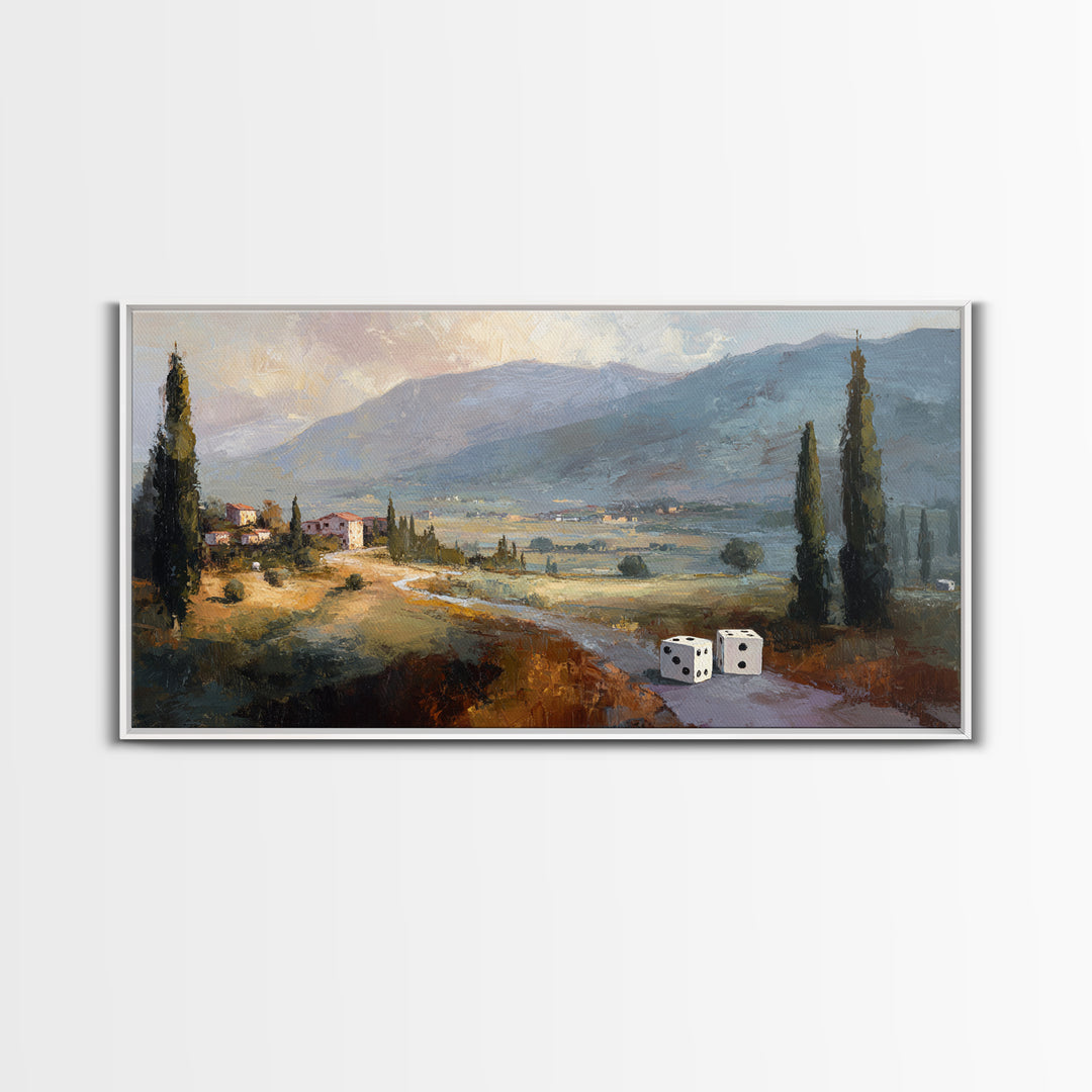 Tabletop Dice Rolling Through Dramatic Light Framed Canvas Print, Game Room Art, Minimalist Decor, Game Room Decor, Play, GRA-2x1-13