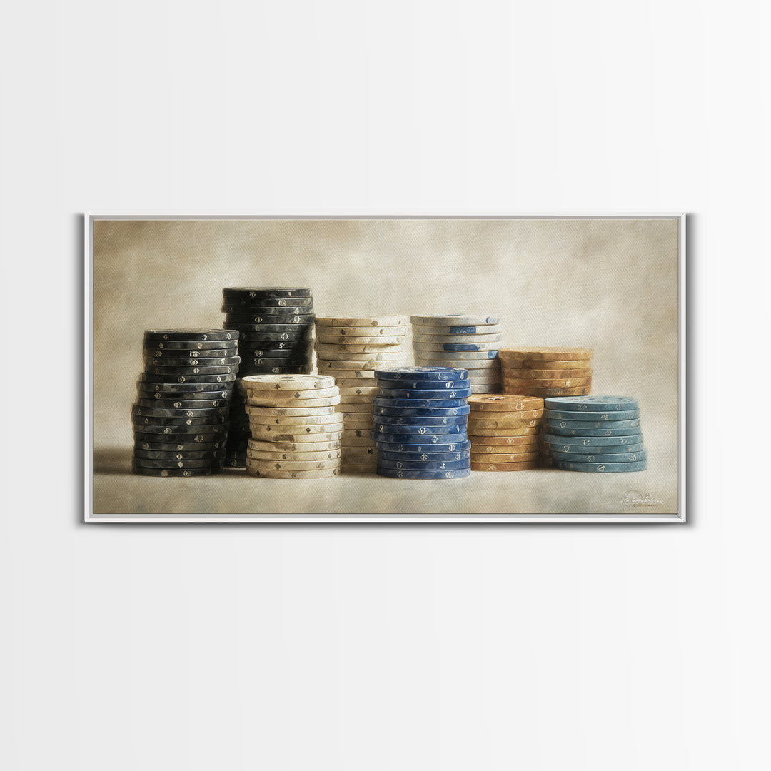 Poker Chips Stacked Like Casino Still Life Framed Canvas Print, Game Room Art, Modern Wall Art, Game Room Decor, Fine Art, Play, GRA-2x1-3