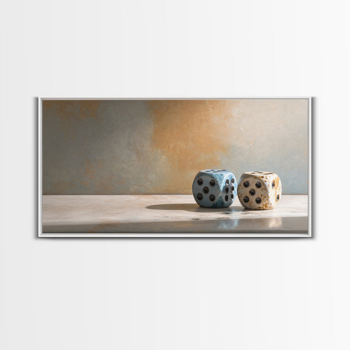 Tabletop Dice Rolling Through Dramatic Light Framed Canvas Print, Game Room Art, Minimalist Decor, Game Room Decor, Play, GRA-2x1-37