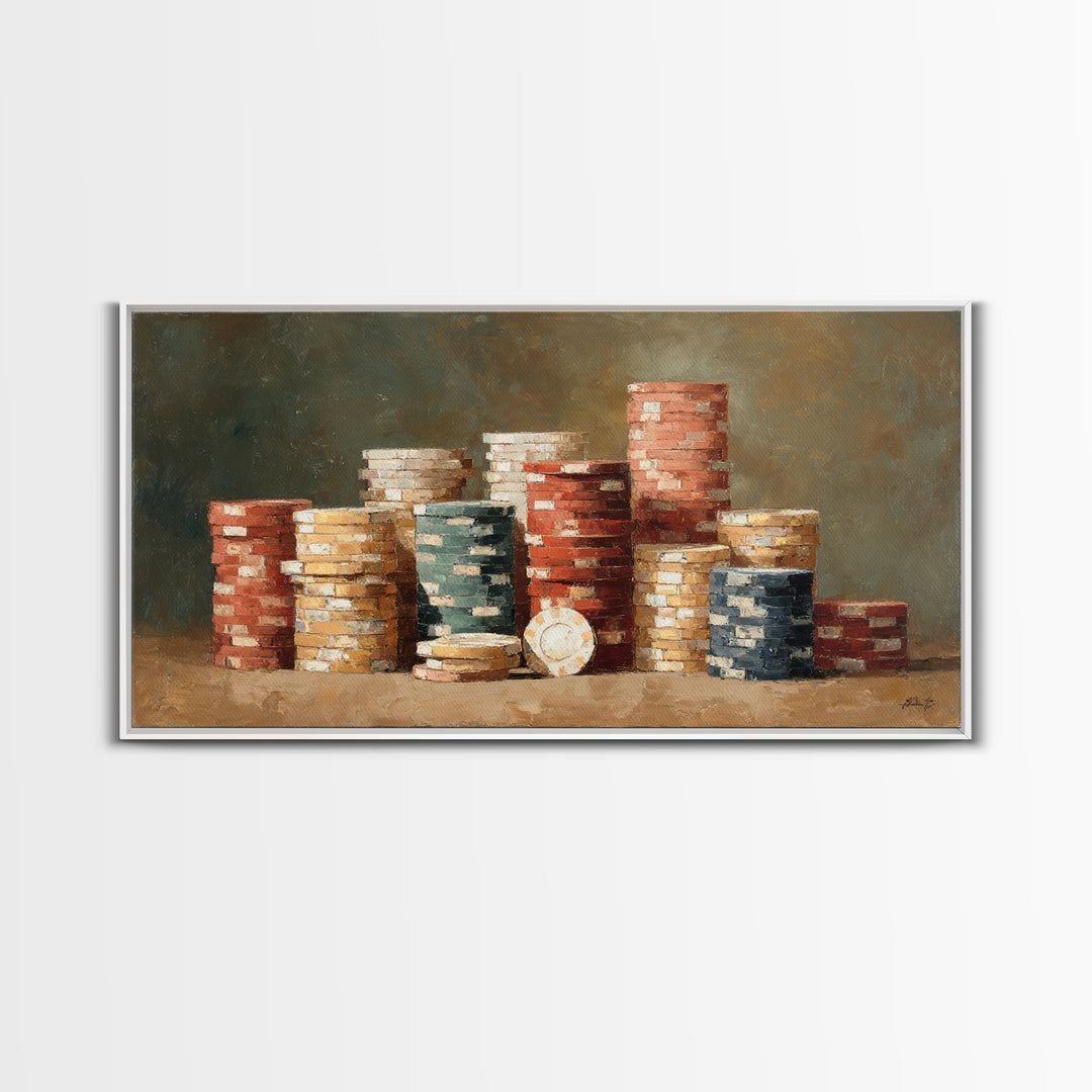 Poker Chips Stacked Like Casino Still Life Framed Canvas Print, Game Room Art, Bedroom Wall Art, Game Room Decor, GRA-2x1-51