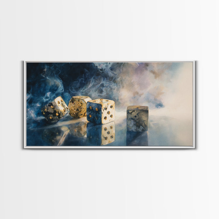 Tabletop Dice Rolling Through Dramatic Light Canvas Print, Game Room Art, Classroom Decor, Game Room Decor, Fine Art, Play, GRA-2x1-61