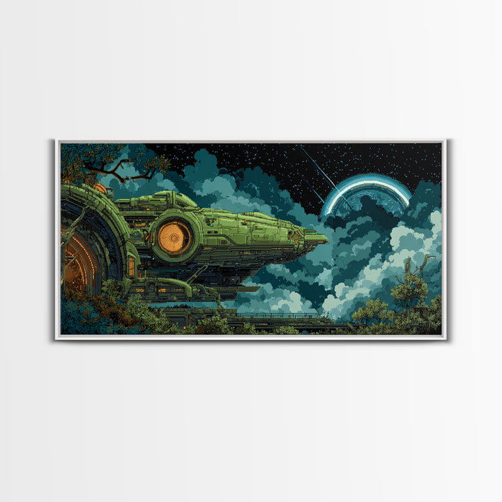 Arcade Spaceship Pixel Art Scene Canvas Print, Game Room Art, African American Art, Game Room Decor, Play, Kids Room Wall Art, GRA-2x1-63