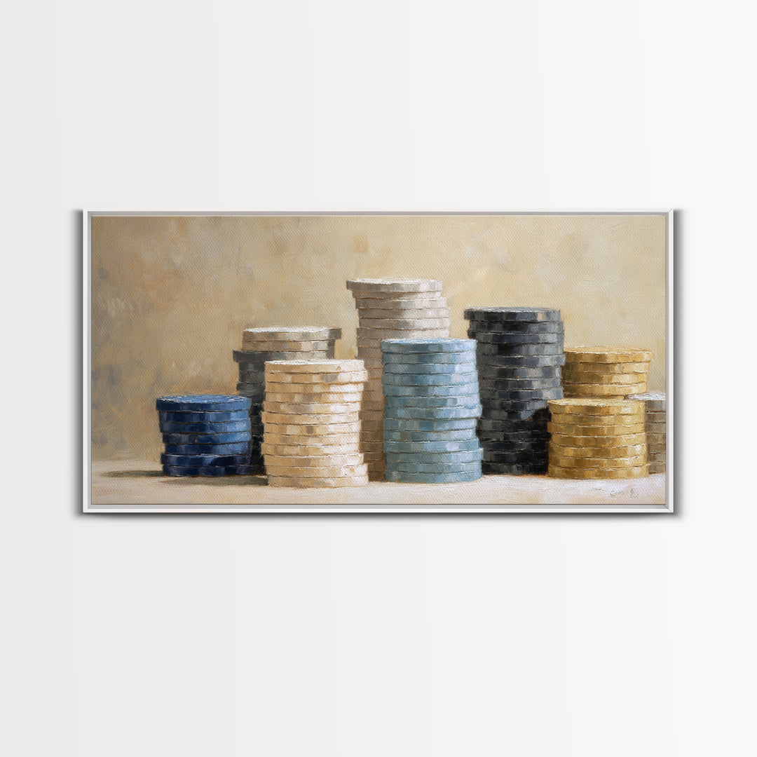 Poker Chips Stacked Like Casino Still Life Framed Canvas Print, Game Room Art, Boho Decor, Game Room Decor, Fine Art, Play, GRA-2x1-75