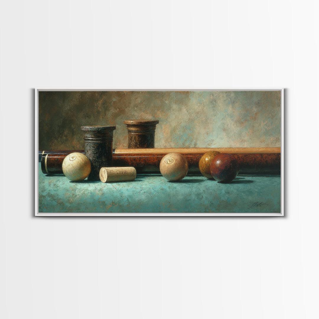 Pool Cue and Chalk on Green Felt Canvas Print, Game Room Art, Contemporary Art, Game Room Decor, Play, Bedroom Wall Art, GRA-2x1-78