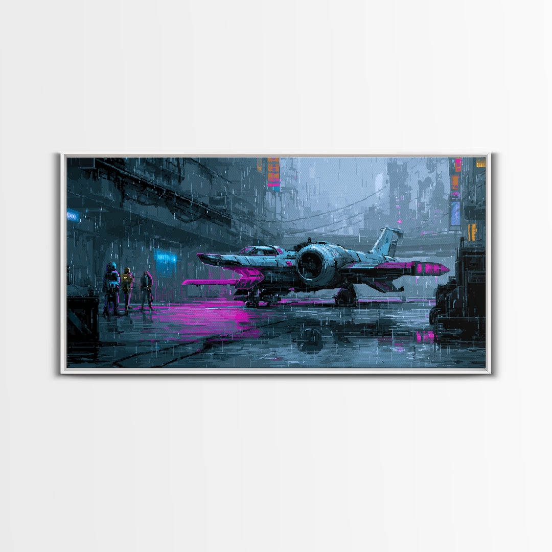 Arcade Spaceship Pixel Art Scene Framed Canvas Print, Game Room Art, Pop Art, Game Room Decor, Fine Art, Play, Fine Art Print, GRA-2x1-87