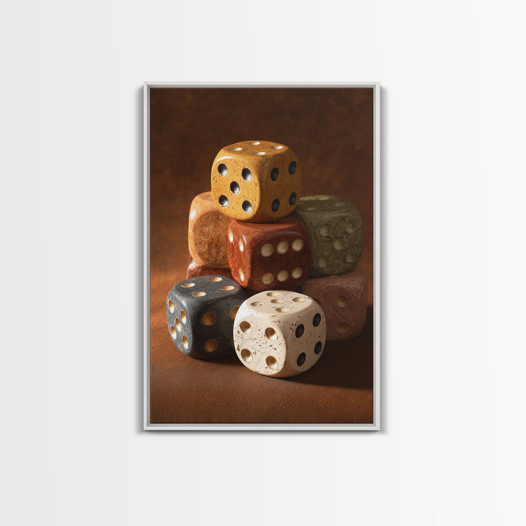 Tabletop Dice Rolling Through Dramatic Light Framed Canvas Print, Game Room Art, Canvas Print, Game Room Decor, Fine Art, Play, GRA-2x3-73