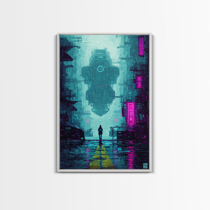 Arcade Spaceship Pixel Art Scene Framed Canvas Print, Game Room Art, Canvas Art, Game Room Decor, Play, Living Room Art, GRA-2x3-75