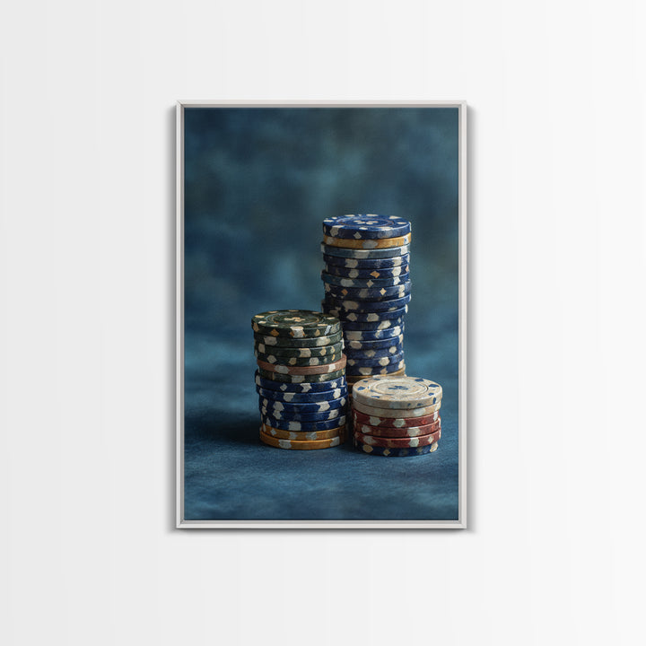 Poker Chips Stacked Like Casino Still Life Framed Canvas Print, Game Room Art, African American Art, Game Room Decor, Play, GRA-2x3-87