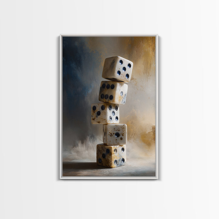 Tabletop Dice Rolling Through Dramatic Light Framed Canvas Print, Game Room Art, Canvas Print, Game Room Decor, Fine Art, Play, GRA-2x3-97