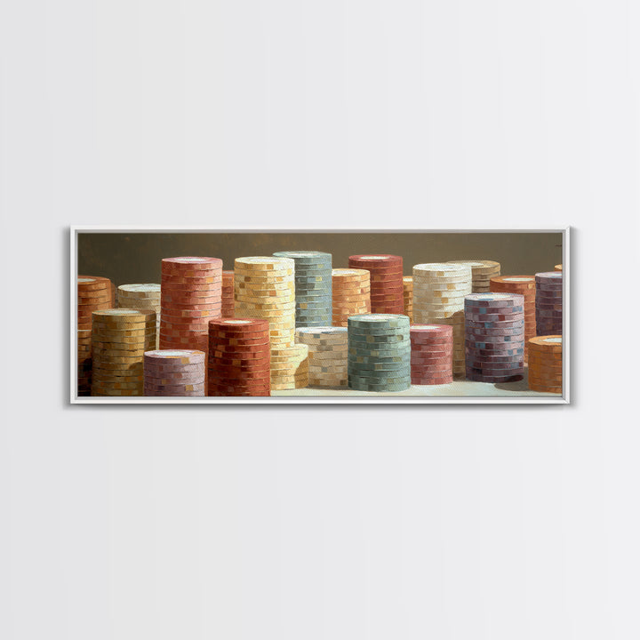Poker Chips Stacked Like Casino Still Life Framed Canvas Print, Game Room Art, Boho Decor, Game Room Decor, Fine Art, Play, GRA-3x1-23