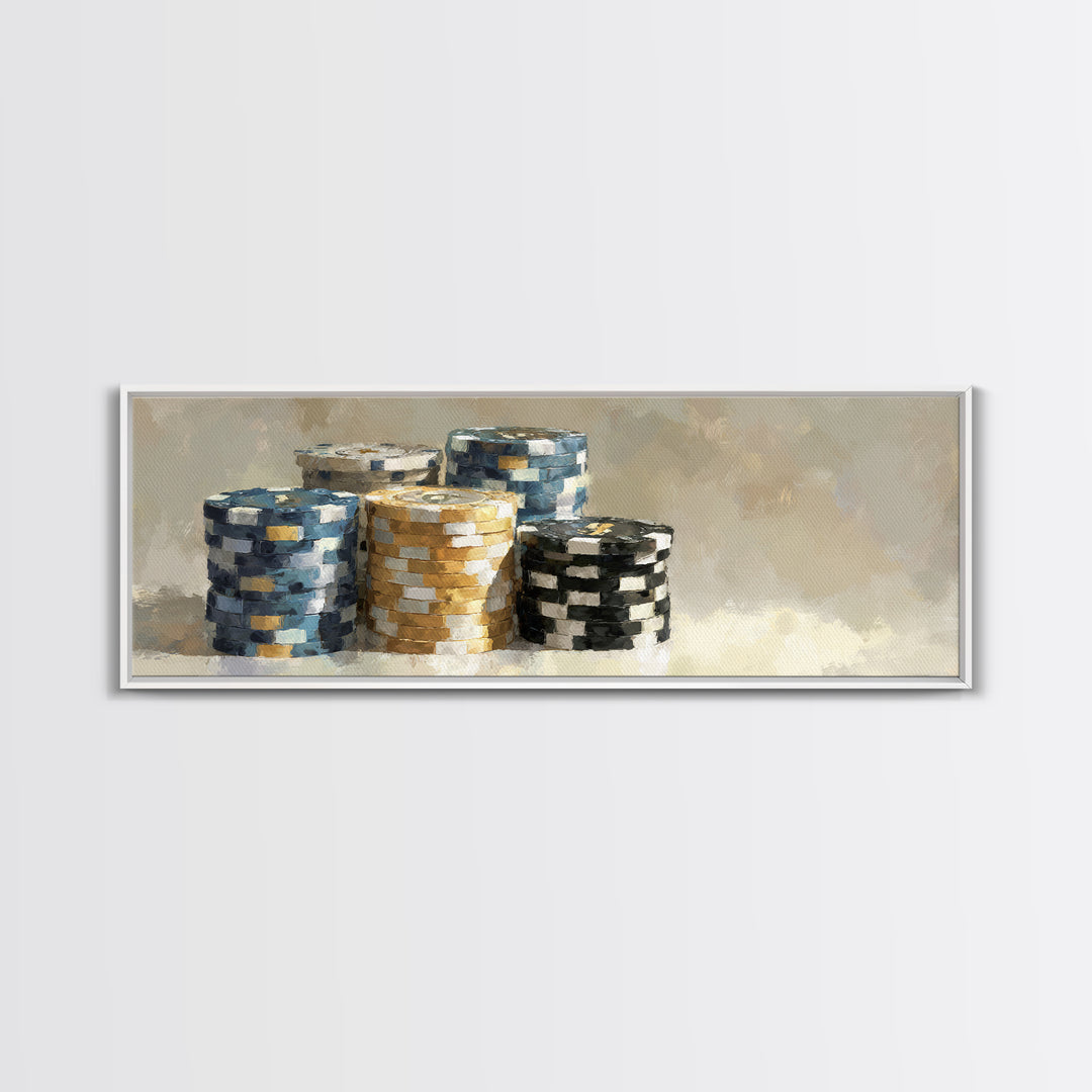 Poker Chips Stacked Like Casino Still Life Framed Canvas Print, Game Room Art, Game Room Decor, Oil Painting, Play, GRA-3x1-47