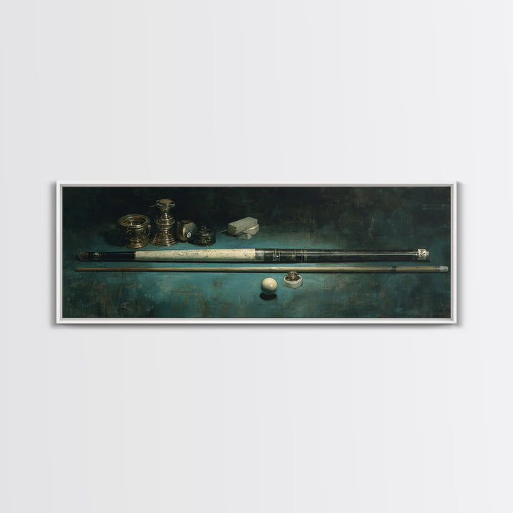 Pool Cue and Chalk on Green Felt Framed Canvas Print, Game Room Art, Black Woman Art, Game Room Decor, Oil Painting, Play, GRA-3x1-74