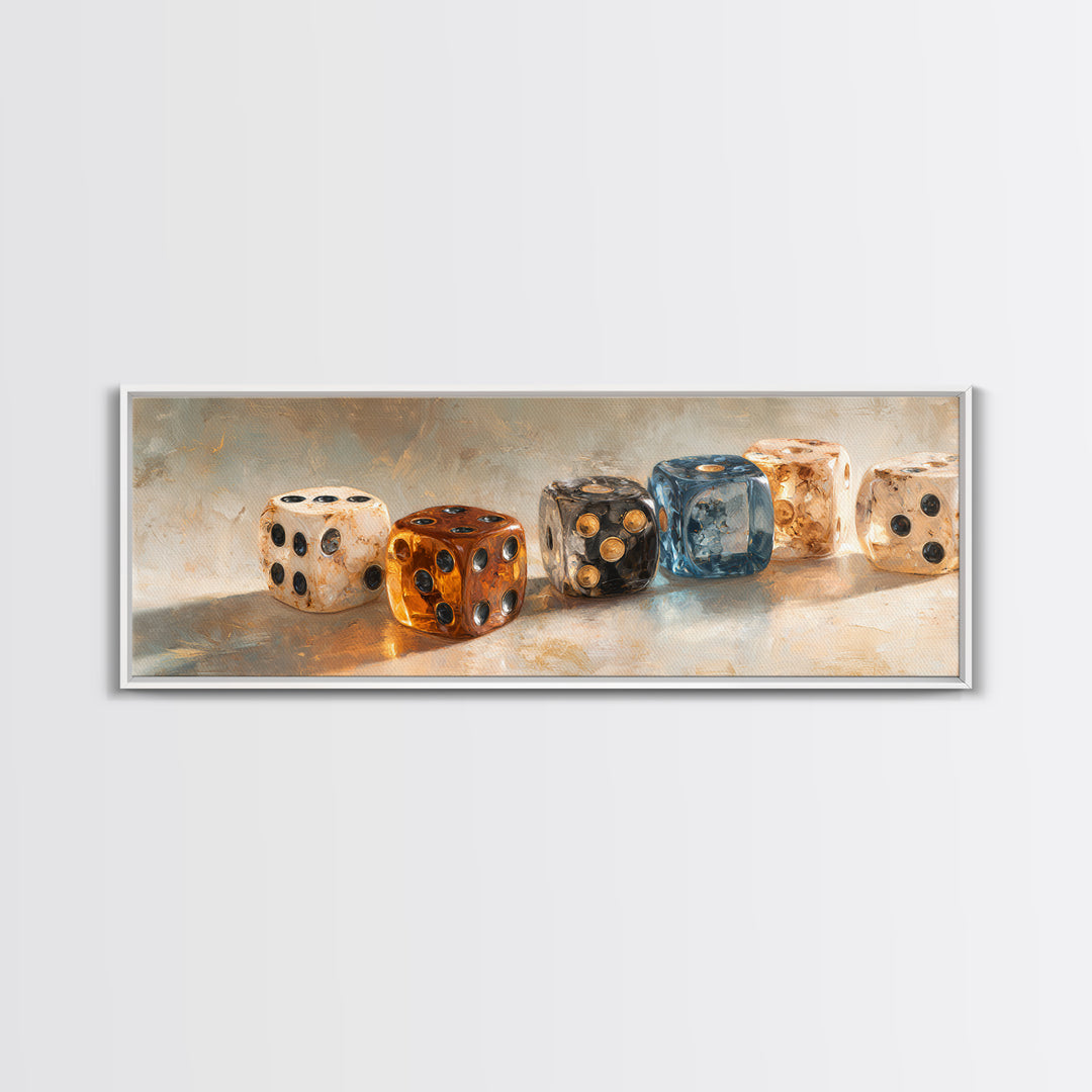 Tabletop Dice Rolling Through Dramatic Light Framed Canvas Print, Game Room Art, Pop Art, Game Room Decor, Fine Art, Play, GRA-3x1-81