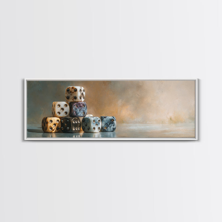 Tabletop Dice Rolling Through Dramatic Light Framed Canvas Print, Game Room Art, Living Room Decor, Game Room Decor, Play, GRA-3x1-9