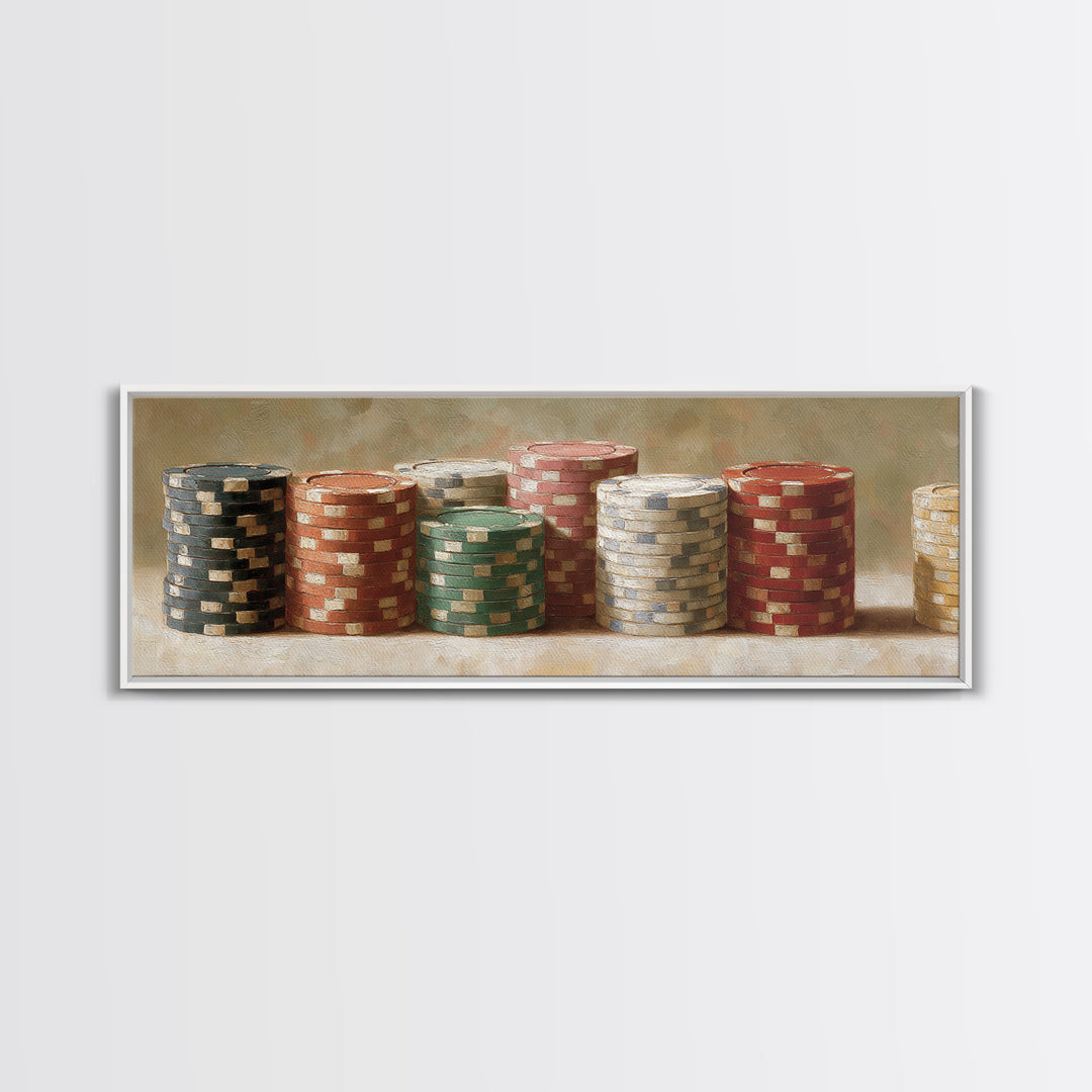 Poker Chips Stacked Like Casino Still Life Canvas Print, Game Room Art, Textured Painting, Game Room Decor, Oil Painting, Play, GRA-3x1-95