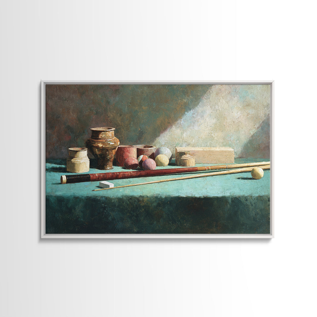 Pool Cue and Chalk on Green Felt Framed Canvas Print, Game Room Art, Canvas Art, Game Room Decor, Play, Living Room Art, GRA-3x2-14