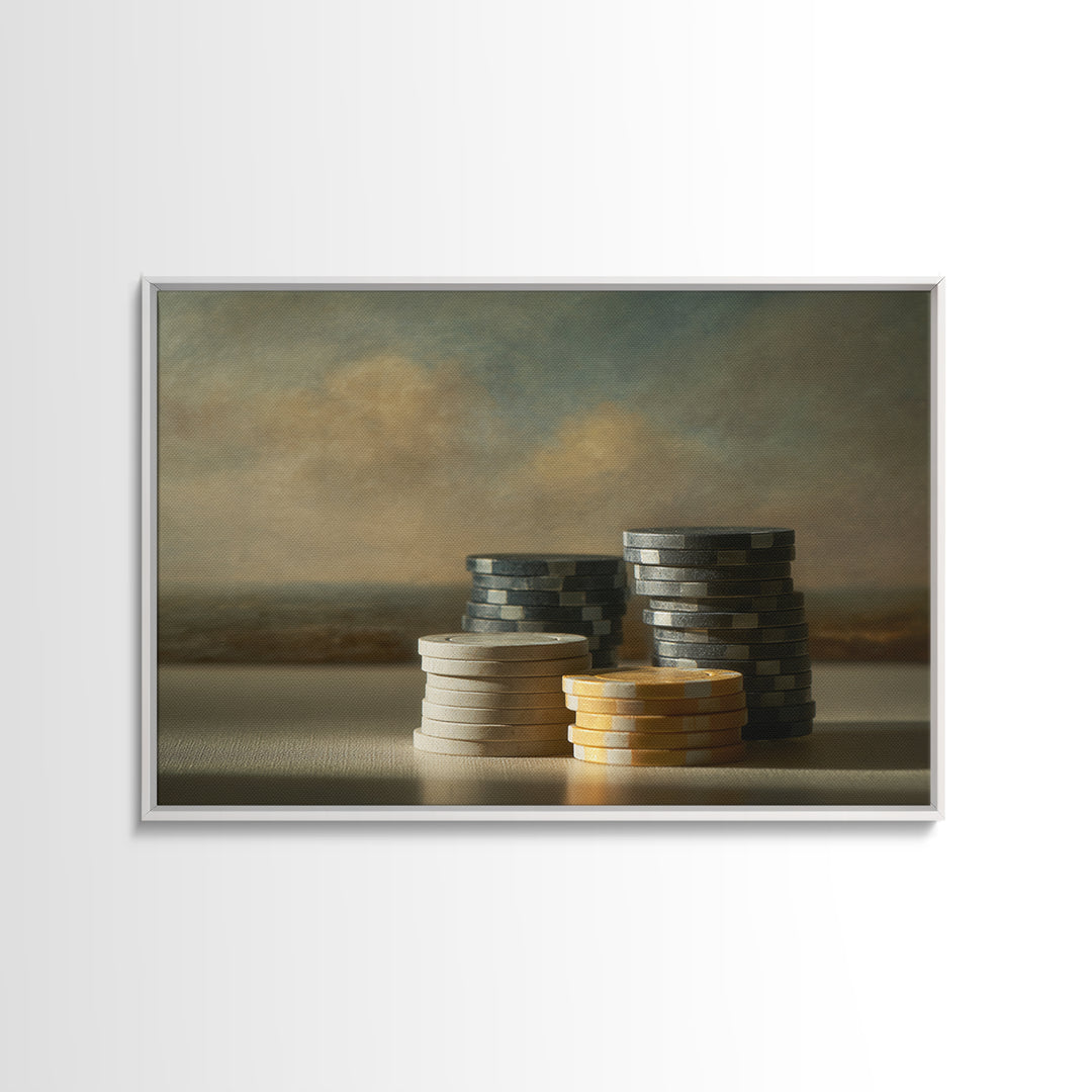 Poker Chips Stacked Like Casino Still Life Framed Canvas Print, Game Room Art, Original Artwork, Game Room Decor, Play, GRA-3x2-35