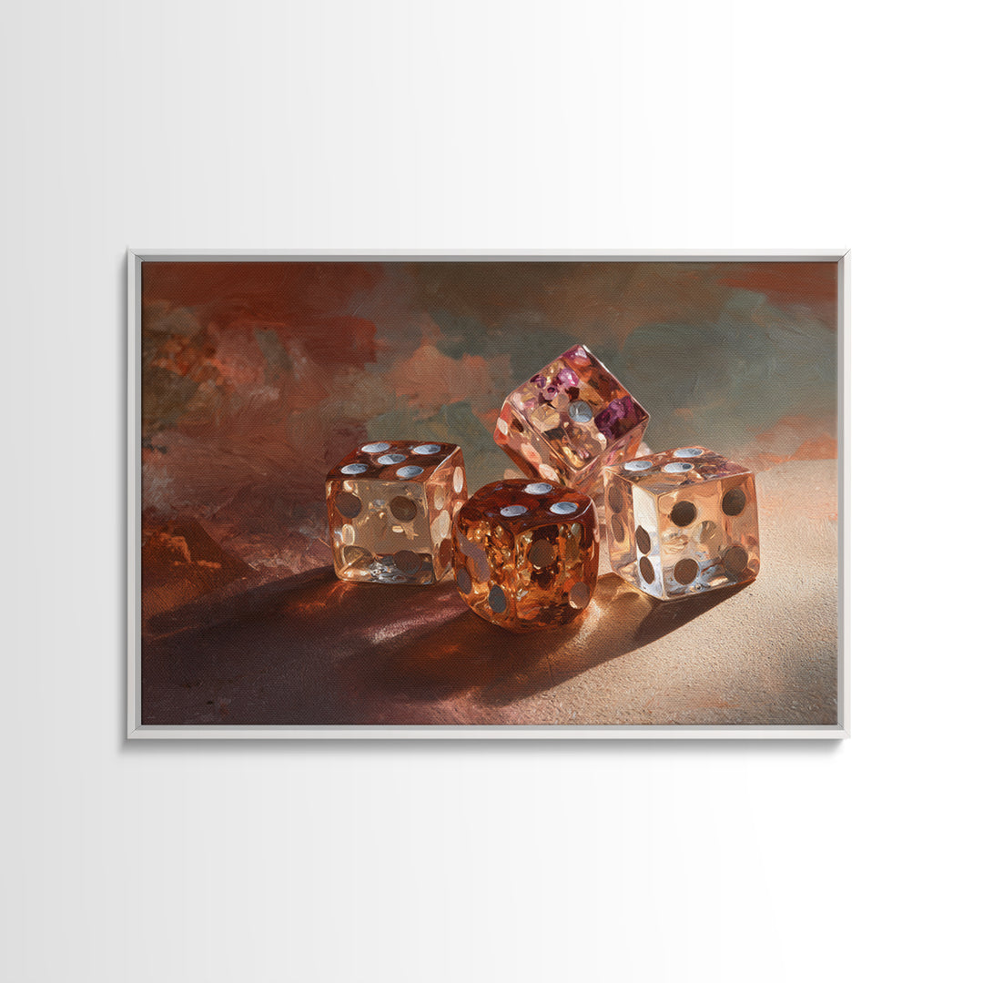 Tabletop Dice Rolling Through Dramatic Light Framed Canvas Print, Game Room Art, Unique Home Decor, Game Room Decor, Play, GRA-3x2-45