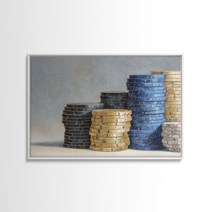 Poker Chips Stacked Like Casino Still Life Framed Canvas Print, Game Room Art, Art Print, Game Room Decor, Oil Painting, Play, GRA-3x2-59