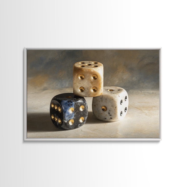 Tabletop Dice Rolling Through Dramatic Light Framed Canvas Print, Game Room Art, Unique Home Decor, Game Room Decor, Play, GRA-3x2-69