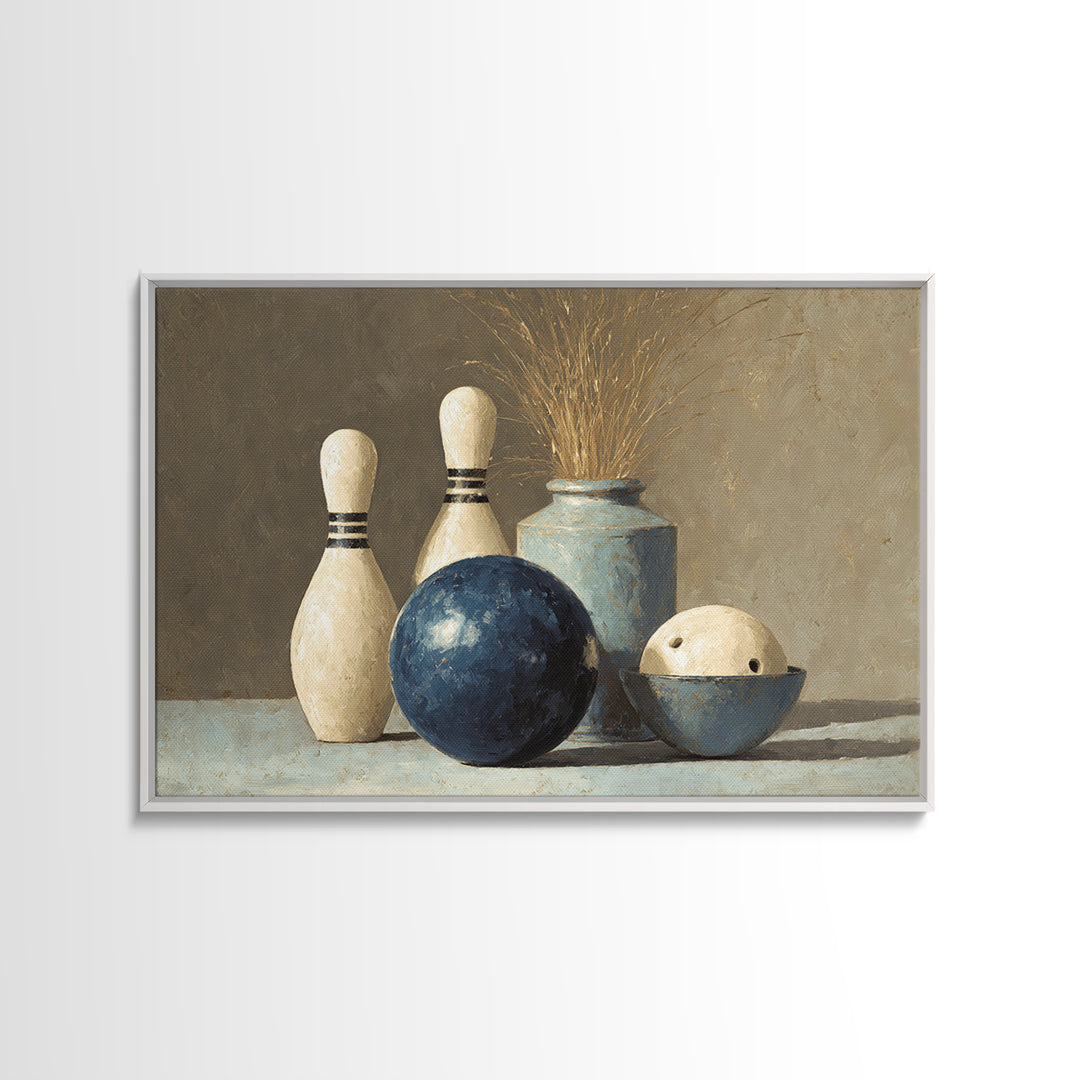Bowling Ball and Pins Framed Canvas Print, Game Room Art, Living Room Art, Game Room Decor, Fine Art, Play, Neutral Decor, GRA-3x2-90