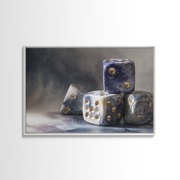 Tabletop Dice Rolling Through Dramatic Light Canvas Print, Game Room Art, Retro Art, Game Room Decor, Fine Art, Play, GRA-3x2-93