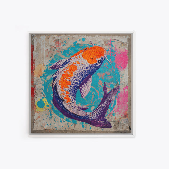 Spray Painted Koi Fish on Brick Texture Framed Canvas Print, Graffiti Art, Canvas Wall Art, Living Room Decor, Watercolor Art, GRF-1x1-16