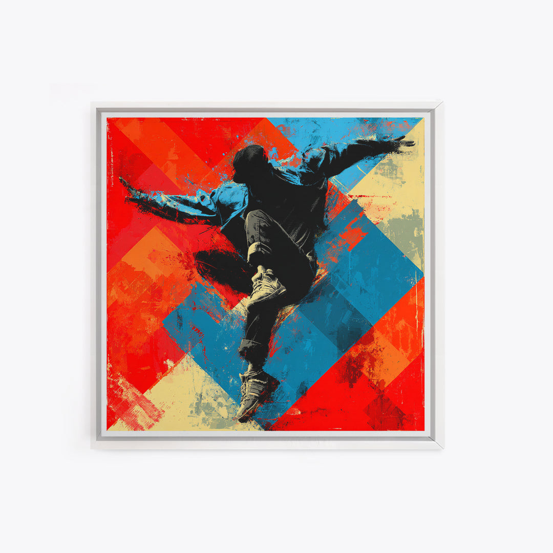 Breakdancer Silhouette over Bright Paint Splashes Framed Canvas Print, Graffiti Art, 3d Wall Art, Living Room Decor, Street, GRF-1x1-2
