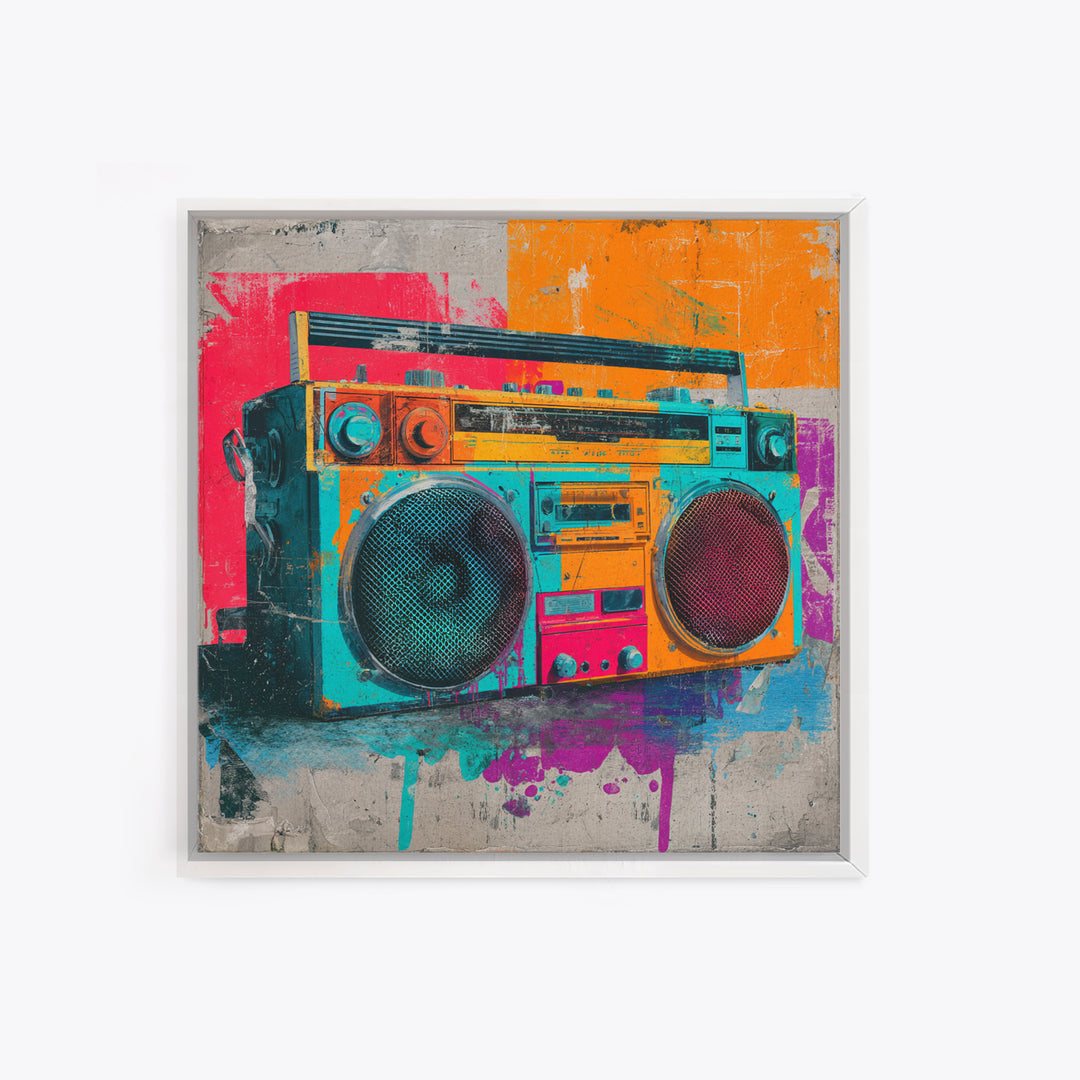 Boombox and Cassette Tape Framed Canvas Print, Graffiti Art, Gallery Decor, Living Room Decor, Fine Art, Street, Wall Art, GRF-1x1-38