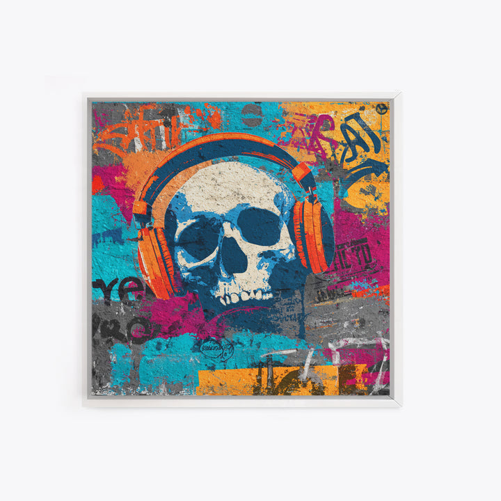 Skull and Headphones Mural Composition Framed Canvas Print, Graffiti Art, Abstract Art, Living Room Decor, Fine Art, Street, GRF-1x1-47