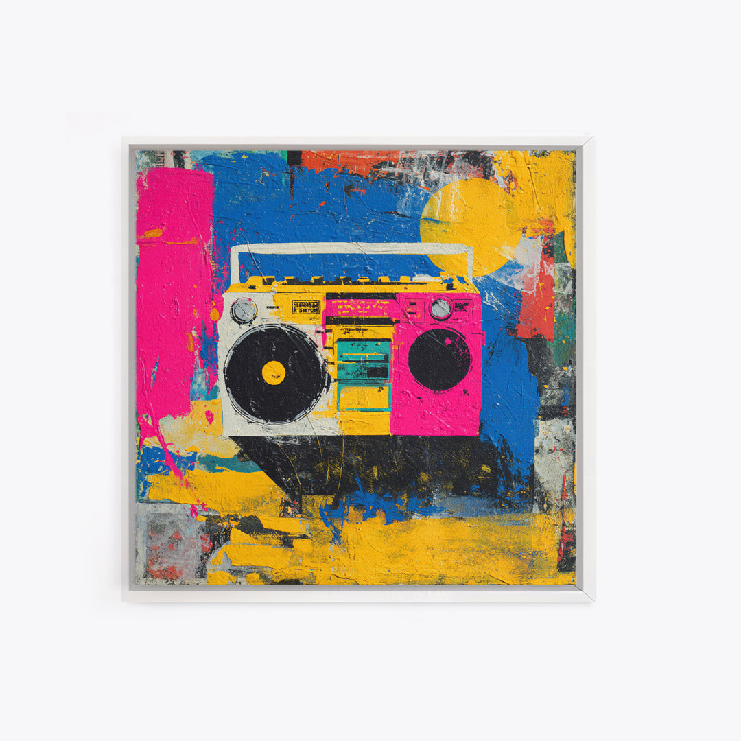 Boombox and Cassette Tape Framed Canvas Print, Graffiti Art, Gallery Decor, Living Room Decor, Fine Art, Street, Wall Art, GRF-1x1-62