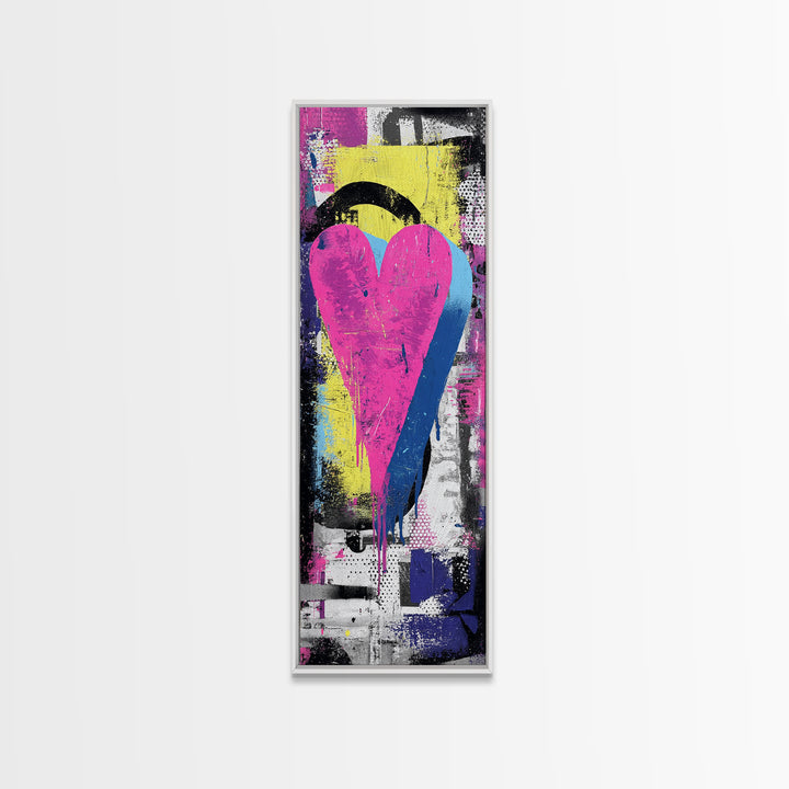 Neon Heart Painted on Cracked Concrete Texture Canvas Print, Graffiti Art, Luxury Decor, Living Room Decor, Street, GRF-1x3-66