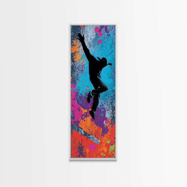 Breakdancer Silhouette over Bright Paint Splashes Canvas Print, Graffiti Art, Contemporary Art, Living Room Decor, Street, GRF-1x3-86