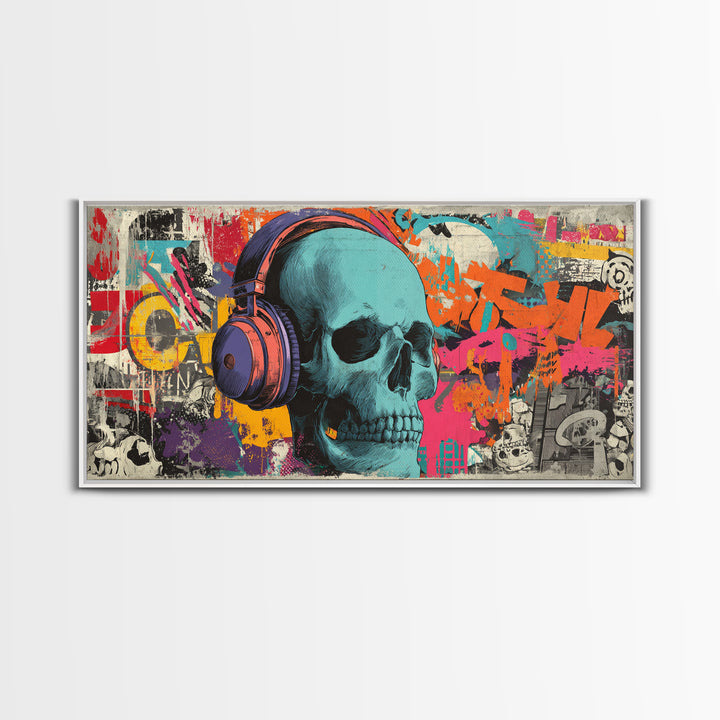 Skull and Headphones Mural Composition Framed Canvas Print, Graffiti Art, Graffiti, Living Room Decor, Fine Art, Street, GRF-2x1-19