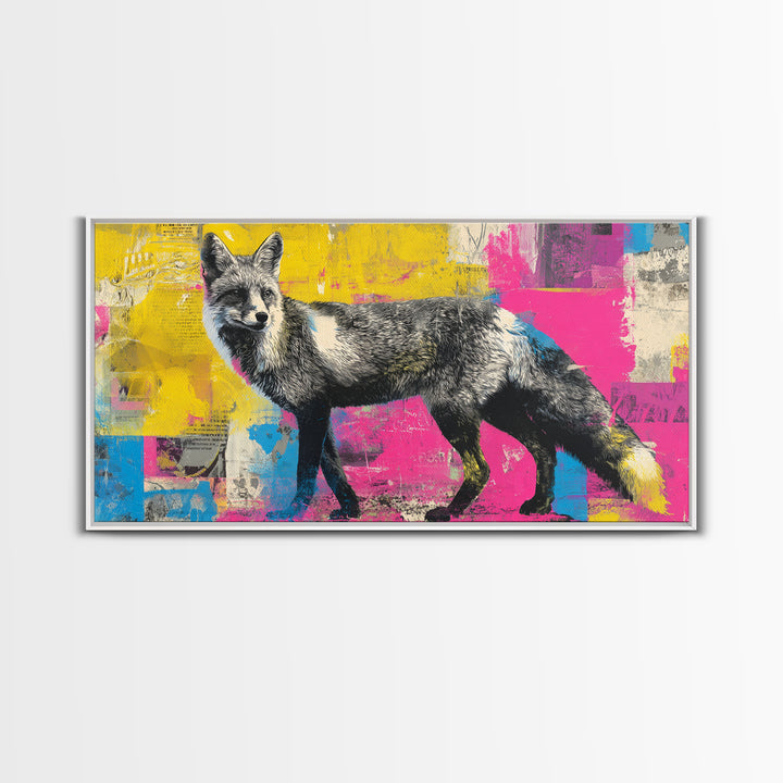 Urban Fox with Layered Sticker Collage Framed Canvas Print, Graffiti Art, Painting, Living Room Decor, Fine Art, Street, GRF-2x1-37
