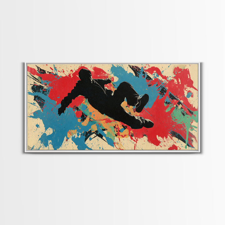 Breakdancer Silhouette over Bright Paint Splashes Framed Canvas Print, Graffiti Art, Poster, Living Room Decor, Street, GRF-2x1-46
