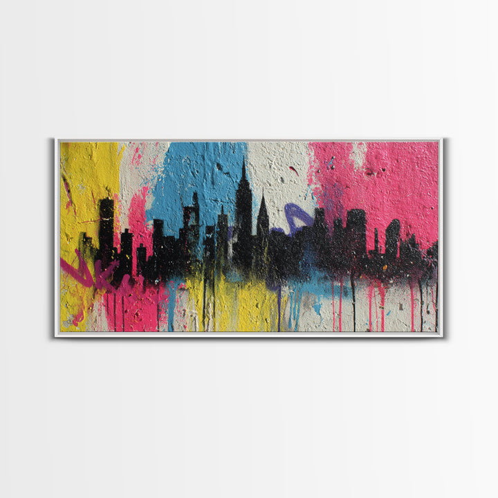 Paint Drips Forming a Skyline Silhouette Framed Canvas Print, Graffiti Art, Wall Decor, Living Room Decor, Abstract Art, Street, GRF-2x1-9