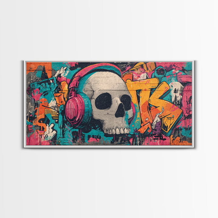 Skull and Headphones Mural Composition Framed Canvas Print, Graffiti Art, Mid Century Modern, Living Room Decor, Street, GRF-2x1-91