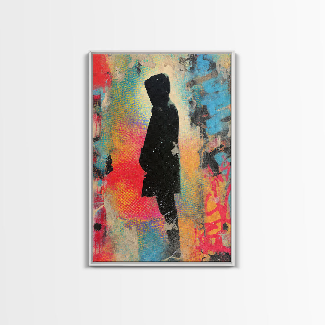 Masked Street Artist Silhouette Framed Canvas Print, Graffiti Art, Minimalist Decor, Living Room Decor, Fine Art, Street, GRF-2x3-30