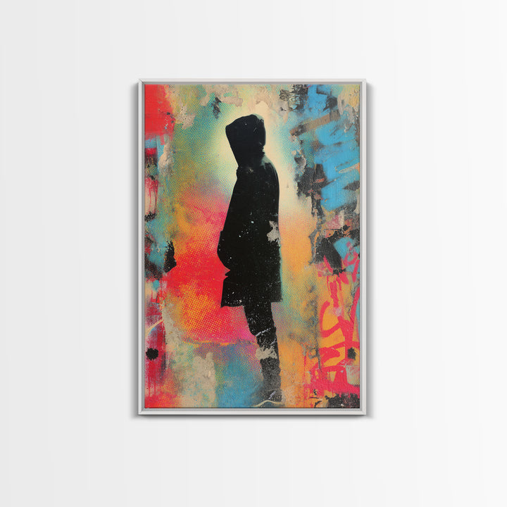 Masked Street Artist Silhouette Framed Canvas Print, Graffiti Art, Minimalist Decor, Living Room Decor, Fine Art, Street, GRF-2x3-30