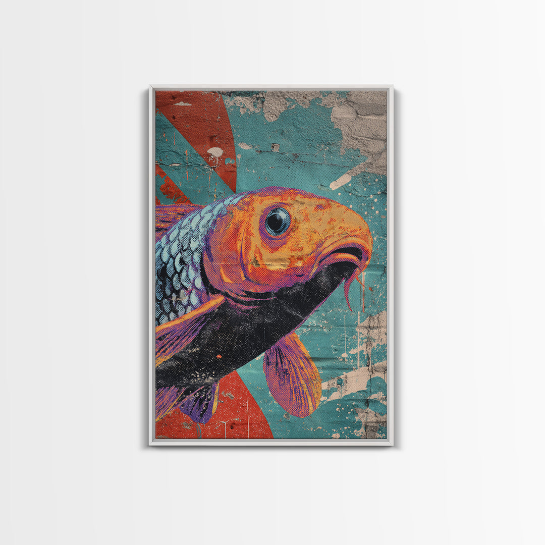Spray Painted Koi Fish on Brick Texture Framed Canvas Print, Graffiti Art, Living Room Decor, Watercolor Art, Street, GRF-2x3-48