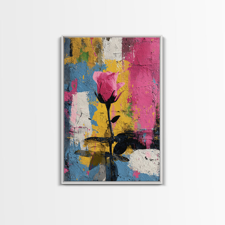 Graffiti Rose Blooming from Concrete Crack Framed Canvas Print, Graffiti Art, Original Art, Living Room Decor, Oil Painting, GRF-2x3-53