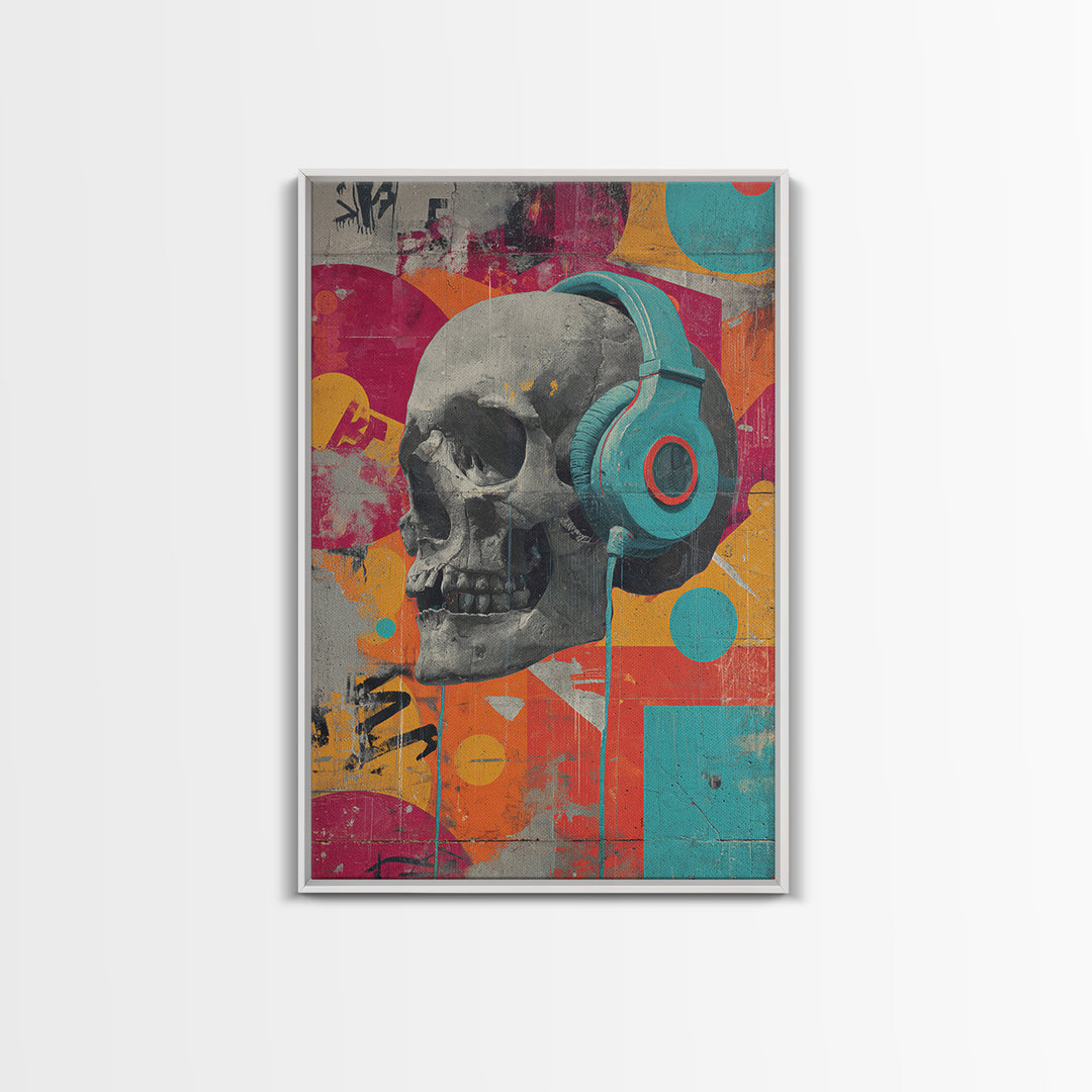 Skull and Headphones Mural Composition Canvas Print, Graffiti Art, Art Deco, Living Room Decor, Street, Wall Sculpture, GRF-2x3-79