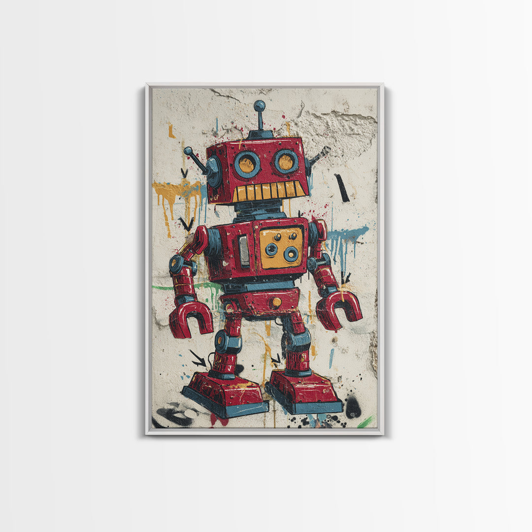 Cartoon Robot Character Framed Canvas Print, Graffiti Art, Large Wall Art, Living Room Decor, Fine Art, Street, Modern Wall Art, GRF-2x3-90