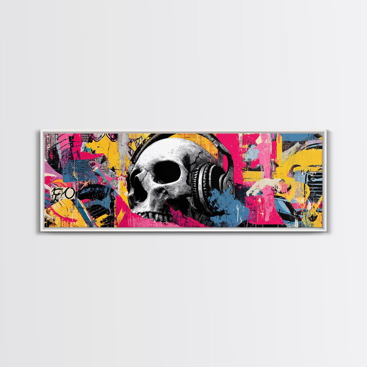 Skull and Headphones Mural Composition Framed Canvas Print, Graffiti Art, Gallery Decor, Living Room Decor, Fine Art, Street, GRF-3x1-15