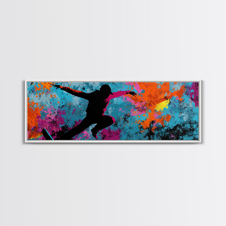 Breakdancer Silhouette over Bright Paint Splashes Canvas Print, Graffiti Art, Framed Art, Living Room Decor, Fine Art, Street, GRF-3x1-42