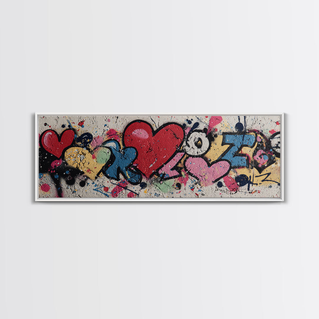 Neon Heart Painted on Cracked Concrete Texture Canvas Print, Graffiti Art, Digital Print, Living Room Decor, Fine Art, Street, GRF-3x1-46