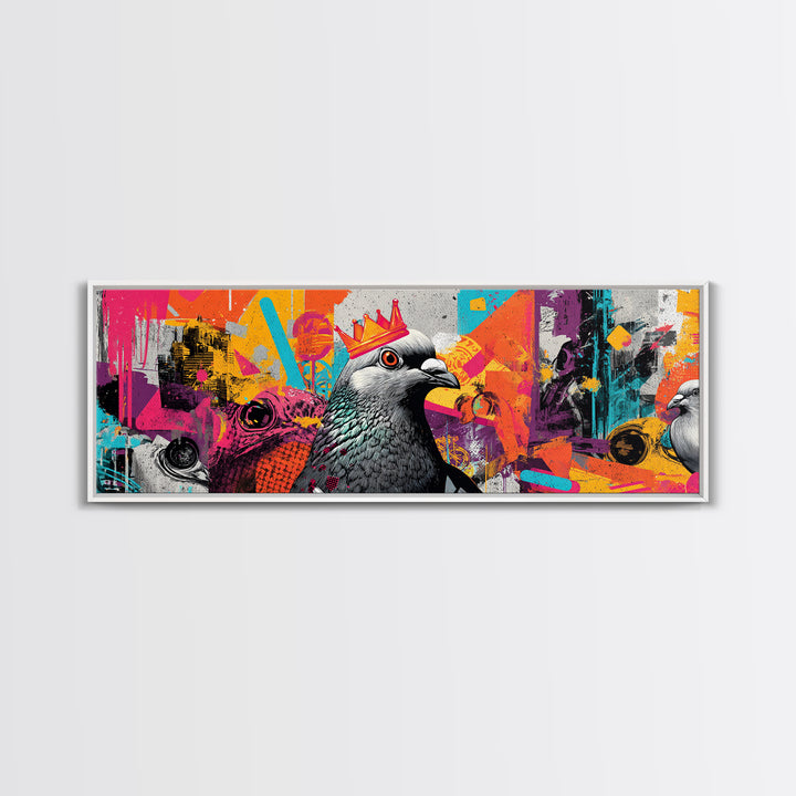 City Pigeon with Crown in Street Art Framed Canvas Print, Graffiti Art, Wall Hangings, Living Room Decor, Fine Art, Street, GRF-3x1-51