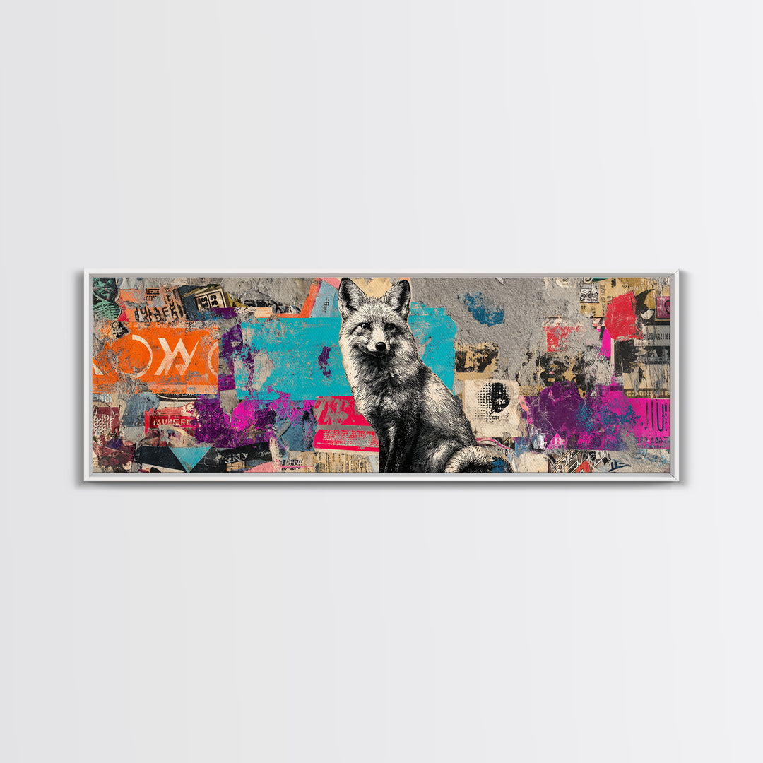 Urban Fox with Layered Sticker Collage Framed Canvas Print, Graffiti Art, Graffiti, Living Room Decor, Fine Art, Street, GRF-3x1-57